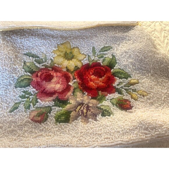 Needlepoint Roses Beaded Handbag Magnetic Closure and Inner Pockets - Picture 2 of 12